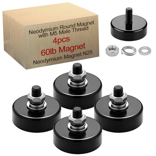 Flutesan 4 Pieces Heavy Duty Round Mounting Magnet with Bolt 0.98in-60lb-M5 Black with Male Thread Stud Strong Earth Magnet Super Powerful for Lighting Camera Brackets License Plate - color: Black, size: 0.98in-60lb-M5