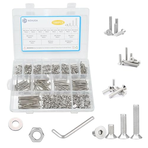 1080 Pcs M3 Screw Assortment, M3*6mm, 8mm, 10mm, 12mm, 14mm, 16mm, 18mm, 20mm, 25mm, 30mm, 35mm, 40mm, 50mm, Stainless Metric Hex Flat Head Countersunk Screws Nuts and Washers with Wrench - size: Hex Flat Head Countersunk