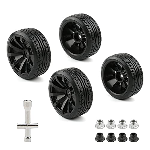4pcs 1/10 RC Drift Wheels 12mm Hex | For HSP Redcat HPI Tamiya 3RACING Kyosho Traxxas Wltoys MST Exceed RC, Includes Tires, With 8pcs Flange Lock Nuts - color: Black