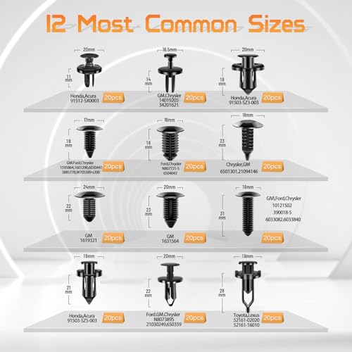 OTUAYAUTO 245 PCS Fender Clips Car Clips Bumper Plastic Rivets | 12 Most Popular Sizes with 5 Fastener Removers Fasteners Push Retainer Kit, Fit for Toyota Honda Ford GM Acura Chrysler - size: 240 Pcs 12 Sizes Clips with 5 Removers