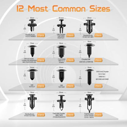 OTUAYAUTO 245 PCS Fender Clips Car Clips Bumper Plastic Rivets | 12 Most Popular Sizes with 5 Fastener Removers Fasteners Push Retainer Kit, Fit for Toyota Honda Ford GM Acura Chrysler - size: 240 Pcs 12 Sizes Clips with 5 Removers