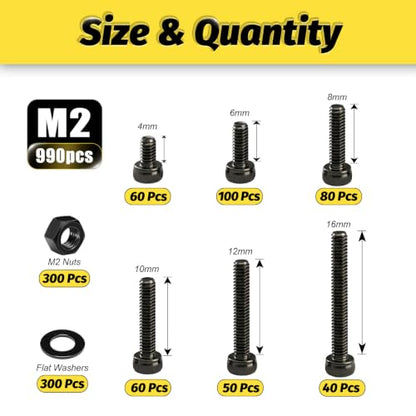 Kadrick M2 Metric Screws Kit 990PCS, Optimized Assortment with More Screws & Smarter Size Distribution, Class 12.9 Socket Head Cap Screws, Black Zinc Plated M2 Bolts for Electronics & 3D Printing - size: M2 990Pcs New