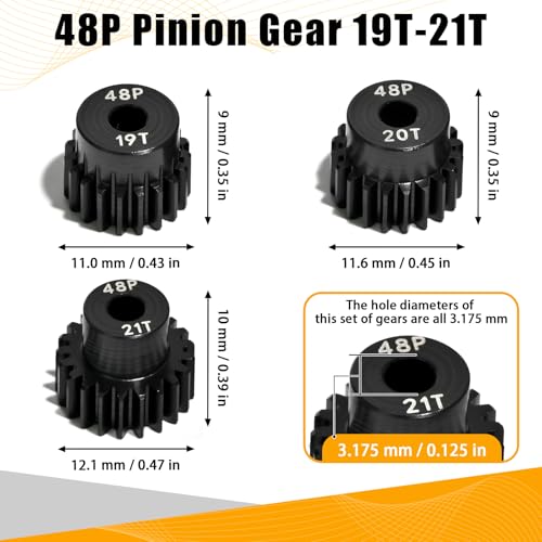 3PCS 48P Pinion Gear Set Hardened Steel 3.175mm Shaft 19T 20T 21T with Screws & Hex for 1/10 RC Arrma Traxxas HPI Kyosho Losi Axial SCX10 Tamiya Monster Truck Buggy Motor Upgrade Parts - size: 19 20 21T