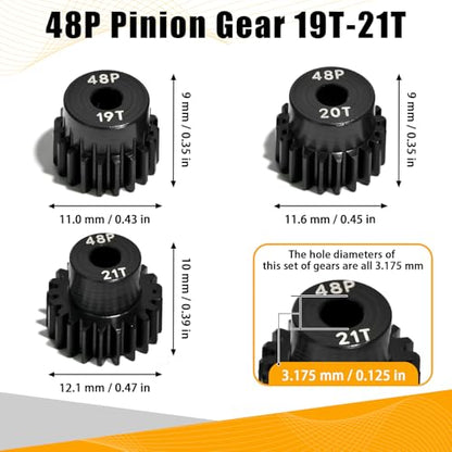 3PCS 48P Pinion Gear Set Hardened Steel 3.175mm Shaft 19T 20T 21T with Screws & Hex for 1/10 RC Arrma Traxxas HPI Kyosho Losi Axial SCX10 Tamiya Monster Truck Buggy Motor Upgrade Parts - size: 19 20 21T