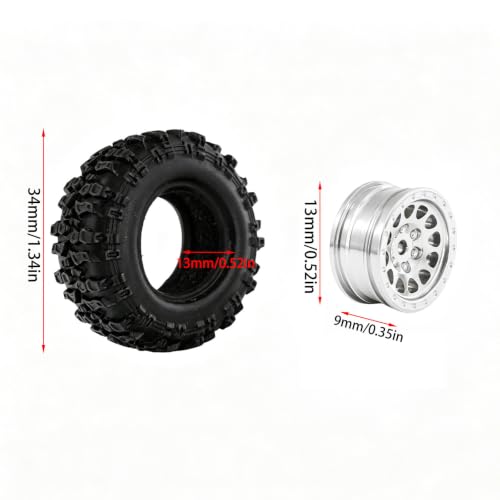 1.0 Inch RC Crawler Wheels and Tires Set, Pre-Mounted Aluminum Wheel & Tire Combo with Foam Inserts, Fit for 1/18 SCX24 SCX30 Micro RC, 4PCS (Silver) - color: Silver