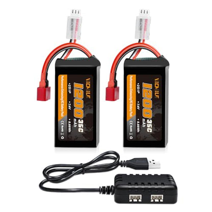 7.4V Lipo Battery 1200mAh 2S 35C High Discharge Rate Rechargeable Battery with Dean-Style T Plug Fit for WLtoys A949 A959 A969 A979 K929 Most 1/10 1/16 1/18 1/24 RC Car Truck with 1TO2 Charger