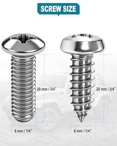Stainless Steel License Plate Screws, M6 (1/4"), with Chrome Caps | Rustproof Car Tag Fasteners, Front Rear Mount Hardware, Machine Bolts Nuts + Self-Tapping Screws Nylon Inserts + Screwdriver - style: Self tapping & Mechanical Screws