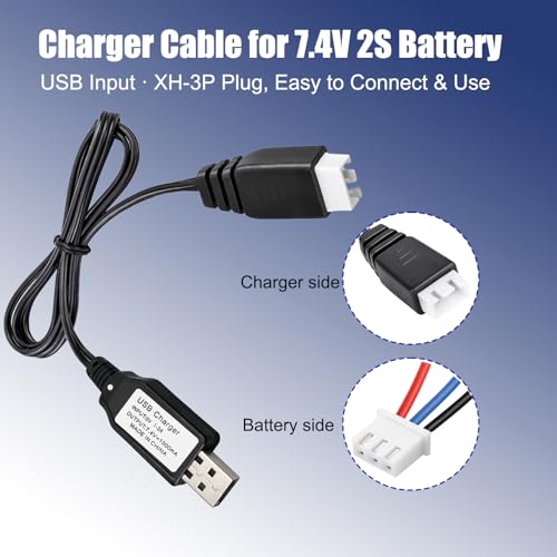 USB Charger Cable Replacement for 7.4V 2S LiPo Battery XH-3P Plug RC Car | For SCX24 SCX10 RC Car Gel Blaster Splatter Ball Gun Drone FPV Airplane trucks Q903/Q905 vehicles,2FT Charging Cord with LED