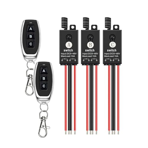 Mini Wireless Switch 12V, 3 Way Remote Switch DC 5V/12V/24V/48V/10A Relay | Wireless Light Switch with 328FT Long Range for Motor, LED Light, Wireless Security Alarm. - size: 5V-48V 3way remote switch-10A Relay