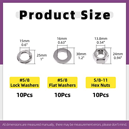 Swpeet 30Pcs SAE 304 Stainless Steel #5/8-11 Hex Nuts and #5/8 Flat Washers with #5/8 Split Lock Washers Assortment Kit, Coarse Thread Hexagon Nut for Home Automotive Shop Use - size: #5/8-11 Hex Nuts & Washers
