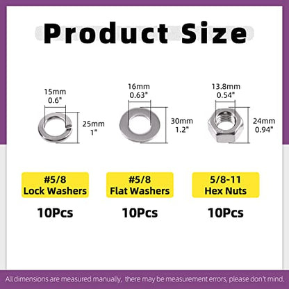 Swpeet 30Pcs SAE 304 Stainless Steel #5/8-11 Hex Nuts and #5/8 Flat Washers with #5/8 Split Lock Washers Assortment Kit, Coarse Thread Hexagon Nut for Home Automotive Shop Use - size: #5/8-11 Hex Nuts & Washers