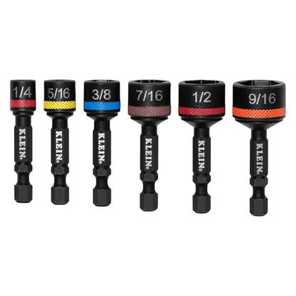 Klein Tools 32926S 2-Inch Magnetic Power Nut Setters, Compact Impact Driver Set, Color-Coded, SAE, Impact-Rated, 6-Piece - size: 2-Inch / 6-Piece Set, SAE