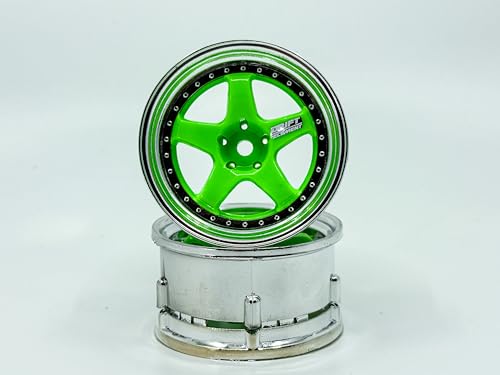 2PCS 1/10 RC Drift Element Rims Wheels, 5-Spoke, Adjustable Offset, Compatible with Yokomo YD MD RD, MST RMX, Reve D RDX, Redcat RDS, HPI, Tamiya TT, & More (Flu Green w/Chrome Lip)
