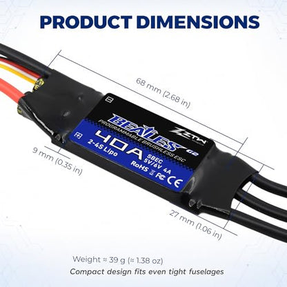 ZTW Beatles G2 40A ESC 2-4S Built-in Switching BEC 5V/6V 4A Brushless Speed Control for RC Airplane Aircraft Fixed-Wing - size: 40A