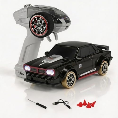 1:64 Mini 4WD RC Drift Car – Copper Tires, ESP Gyroscope, Magnetic Charging Dock, Proportional Servo, Type-C Fast Charge, LED Lights – Gift for Beginners & Collectors (Black) - color: Black