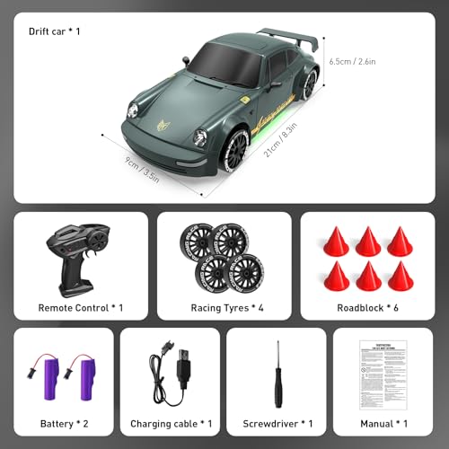 Remote Control Car RC Drift Car 2.4GHz 1:20 Scale 4WD 20KM/H High Speed Remote Control Cars with LED Lights Drifting Tire 2Pcs Rechargeable Batteries Toy Cars for Adults Boys Girls (Gray Green) - color: Gray Green