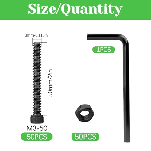 100Pcs M3 x 50mm Hex Socket Head Cap Screws Bolts, Carbon Steel, Black Oxide Finish, Allen Socket Drive, Full Threads,with Hex Spanner - size: M3 x 50-100Pcs-Black