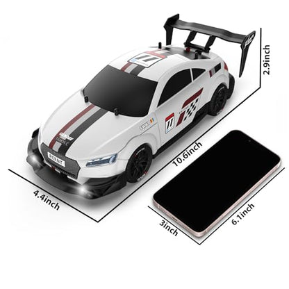 RC Drift Car 1/16 Scale 2.4Ghz 4WD Remote Control Car With Spray & Led Lights, 30+KM/H High Speed RC Drag Car, Racing Sport Toy Cars for Adults Boys Girls Kids Gift 2Pcs Rechargeable Battery - color: White