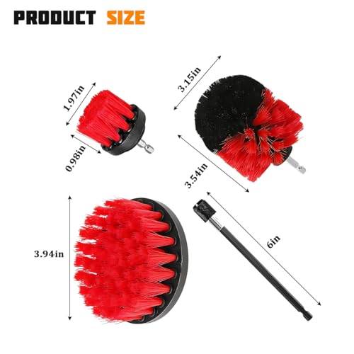4PCS Drill Brush Attachment Kit with Extension Rod, Red | PP bristles with steel shafts, three brush sizes, quick-change extension rod, follows curved surfaces, compact storage - color: Red