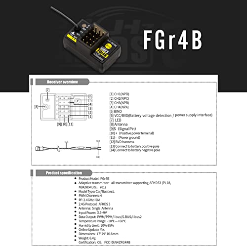 HTLNUZD Flysky FGr4B 4CH AFHDS 3 Receiver for RC Car Boat 2.4Ghz PWM/PPM/i-Bus/S.Bus/i-bus2 Output Compatible FS PL18 NB4 Lite NB4 Transmitter