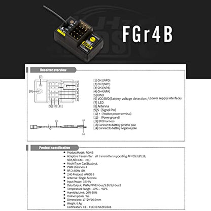 HTLNUZD Flysky FGr4B 4CH AFHDS 3 Receiver for RC Car Boat 2.4Ghz PWM/PPM/i-Bus/S.Bus/i-bus2 Output Compatible FS PL18 NB4 Lite NB4 Transmitter