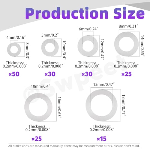 Swpeet 175Pcs 6 Sizes M4 M5 M6 M8 M10 M12 304 Stainless Steel Flat Washers Assortment Kit, Ultra Thin Flat Spacers, Metal Washers Set, Metal Ultra Thin Plain Gasket, Shim Washer for Screw Bolt