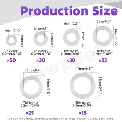Swpeet 175Pcs 6 Sizes M4 M5 M6 M8 M10 M12 304 Stainless Steel Flat Washers Assortment Kit, Ultra Thin Flat Spacers, Metal Washers Set, Metal Ultra Thin Plain Gasket, Shim Washer for Screw Bolt