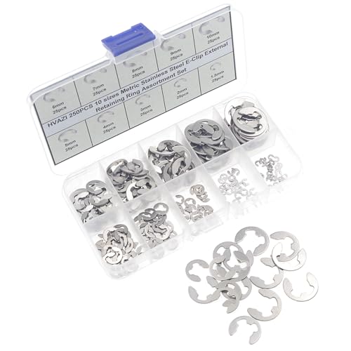 250PCS 10 Sizes Metric External E-Clip Retaining Ring Assortment Kit | 304 Stainless Steel E Circlip Snap Rings for 1.5mm-10mm Shafts with Storage Box