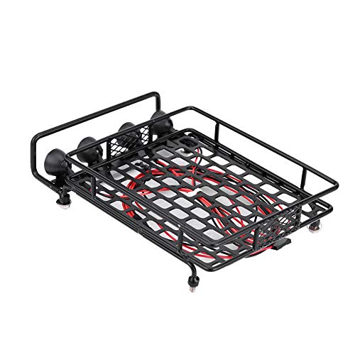 Large Size Roof Rack Luggage Carrier with LED Light Round, RC Roof Rack for Axial SCX10 1/10 Scale RC Crawler Car, Metal RC Roof Rack with 4 LED Lights, Remote Control Function, Du (White Light)