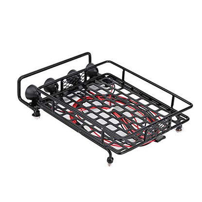 Large Size Roof Rack Luggage Carrier with LED Light Round, RC Roof Rack for Axial SCX10 1/10 Scale RC Crawler Car, Metal RC Roof Rack with 4 LED Lights, Remote Control Function, Du (White Light)