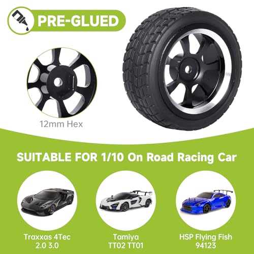 Preglued 2.64" OD Aluminum Metal 12mm Hex Wheels and Tires Set for 1/10 On-Road Racing RC Touring Cars Drift, Compatible with Traxxas 4Tec 2.0/3.0, Tamiya TT01 TT02, HPI RS4, Redcat(Color D) - color: Color D
