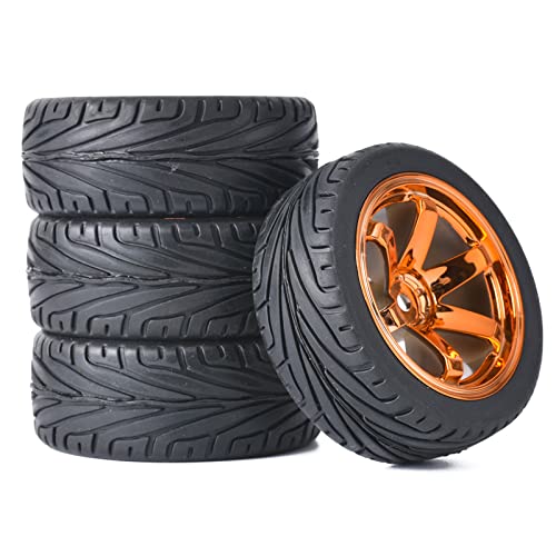 4PCS RC Car Rubber Tires and Plastic Wheels Rims Compatible with 1/10 Scale On Road Touring Racing Flat Drift Car for HSP HPI Tamiya (Orange) - color: Orange