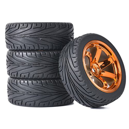 4PCS RC Car Rubber Tires and Plastic Wheels Rims Compatible with 1/10 Scale On Road Touring Racing Flat Drift Car for HSP HPI Tamiya (Orange) - color: Orange