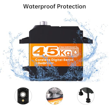 Hiwonder 45KG Servo Motor Waterproof High Torque Servo, High-Speed Coreless Motor Full Metal Gear Steering Servo for 1/6 1/8 1/10 1/12 RC Robot, with 25T Servo Horn, Control Angle 180°
