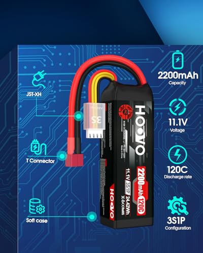 HOOVO 3S 11.1V Lipo Battery 2200mAh 120C RC Battery with T Connector for RC Truggy RC Truck RC Airplane Helicopter Drone (2 Pack)