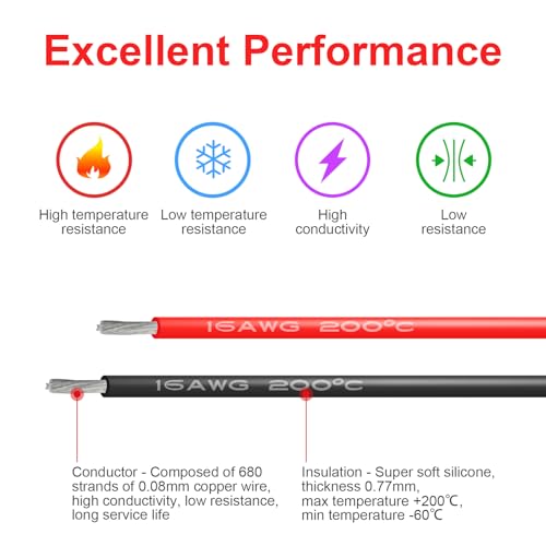 16 AWG Silicone Wire, 10 ft Red and 10 ft Black | Flexible fine-strand tinned copper cable with heat-resistant silicone insulation for batteries, RC and electronics wiring. - style: 16awg/20ft