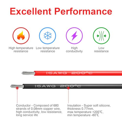16 AWG Silicone Wire, 10 ft Red and 10 ft Black | Flexible fine-strand tinned copper cable with heat-resistant silicone insulation for batteries, RC and electronics wiring. - style: 16awg/20ft