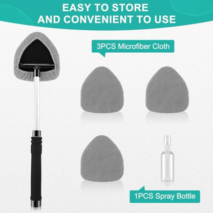 JUSTTOP Windshield Cleaner Tool, Car Interior&Exterior Window Cleaning Tool with Extendable Handle & 4 Reusable Microfiber Pads, Auto Glass Wiper Brush Kit for Cars (Grey) - color: Gray