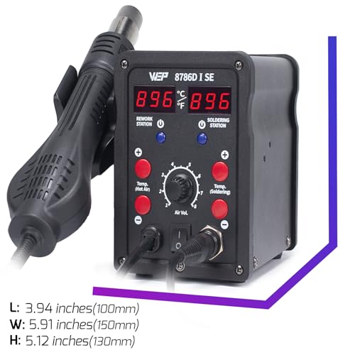 WEP 8786D-I SE Hot Air Soldering Iron Station Kit 2-IN-1 for Rework, Desoldering with Lead-Free Solder Wire, 5 Soldering Tips, 3 Hot Air Nozzles,Tweezers, Desoldering Pump