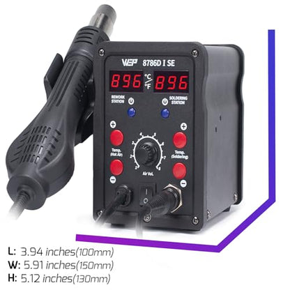 WEP 8786D-I SE Hot Air Soldering Iron Station Kit 2-IN-1 for Rework, Desoldering with Lead-Free Solder Wire, 5 Soldering Tips, 3 Hot Air Nozzles,Tweezers, Desoldering Pump
