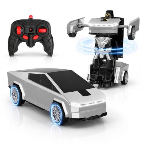 Remote Control Cyber Truck Toy for Boys, 2.4GHz RC Transform Pickup Cars Robot Toy, 1:18 Scale One-Button Deformation 360°Rotation with Lights, Gifts for Boys Age 3 4 5 6 7 8 9 10 11 12 - style: Cyber Pickup Truck