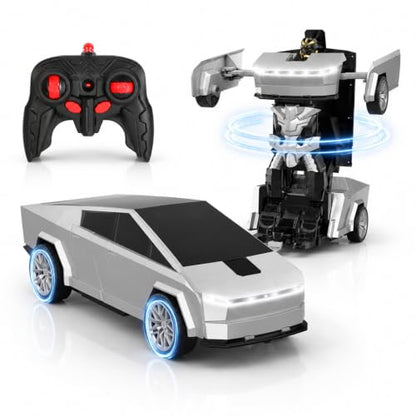 Remote Control Cyber Truck Toy for Boys, 2.4GHz RC Transform Pickup Cars Robot Toy, 1:18 Scale One-Button Deformation 360°Rotation with Lights, Gifts for Boys Age 3 4 5 6 7 8 9 10 11 12 - style: Cyber Pickup Truck