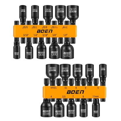 BOEN 20-Piece 1/4" Hex Magnetic Power Nuts Driver Set, Metric (4-12mm) & SAE (5/32"-1/2"), Chrome Vanadium Steel