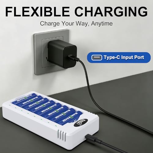 Blinkspower 8 Bay AA AAA Battery Charger, Smart Fast Charging with Independent Charging Slots for NiMH Rechargeable Batteries, USB Type-C, No Adapter