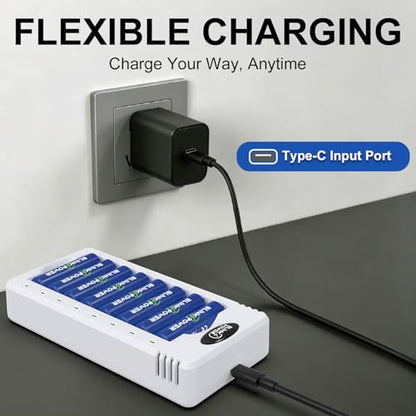 Blinkspower 8 Bay AA AAA Battery Charger, Smart Fast Charging with Independent Charging Slots for NiMH Rechargeable Batteries, USB Type-C, No Adapter