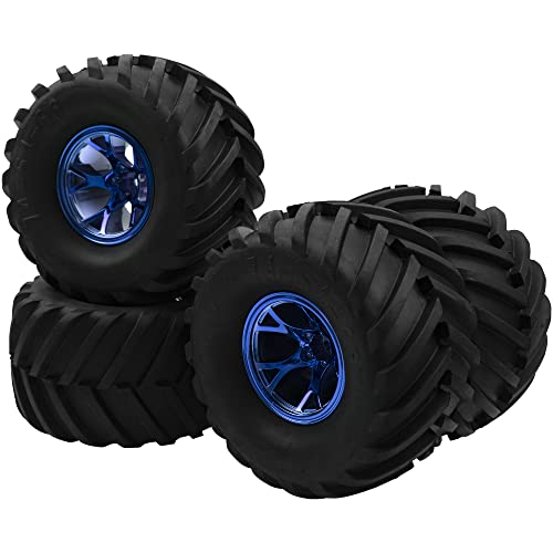 5.31''OD Rubber Tires & Wheel Rim 12mm Hex Hub Compatible with Traxxas Rustler HPI HSP Volcano Tamiya Exceed Himoto 1/10 Off-Road Monster Truck,135mmx73mm (Blue) - color: Blue
