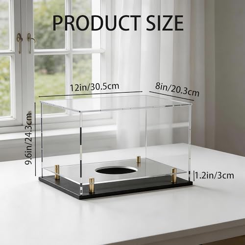 Acrylic Display Case with Raised Shelf & Ball Holder, Clear Display Box with Black Base & Gold Standoffs, Dustproof Showcase for Fullsize Football Soccer Gloves – Easy Assembly (12×8×9.6 Inch) - size: 12"L x 8"W x 9.6"H (with Ball Position)
