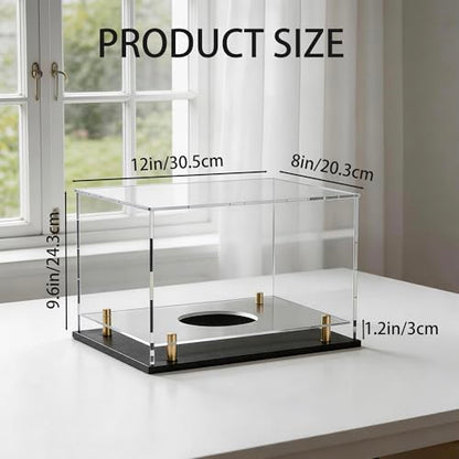 Acrylic Display Case with Raised Shelf & Ball Holder, Clear Display Box with Black Base & Gold Standoffs, Dustproof Showcase for Fullsize Football Soccer Gloves – Easy Assembly (12×8×9.6 Inch) - size: 12"L x 8"W x 9.6"H (with Ball Position)