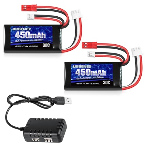 7.4V Lipo 2S 30C 450mAh Rechargeable Lipo with JST & PH2.0 Plug SCX24 with 1to2 USB Charger Fit for Most 1/10, 1/16, 1/18, 1/24 Scale RC Car Truck and RC Drone Airplane