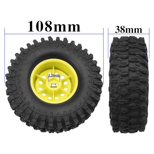 RC 1/10 1.9" Rubber Tires OD 108mm & 12mm Hex Hub Wheel Rims Compatible with Axial SCX10 90046 AXI03007 Traxxas TRX4 Tamiya CC01 D90 TF2 HSP 1/10 RC Crawler Car (Yellow) - color: Yellow